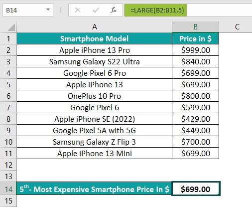 Large Excel Function basic example - applied formula