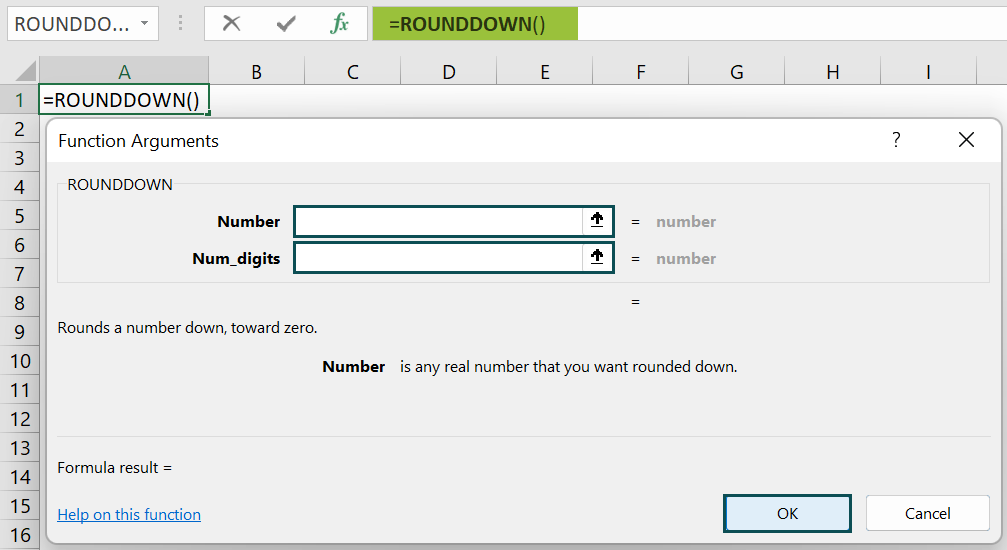 Rounddown Excel Function - function arguments window