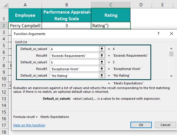 Switch excel function basic example - argument 3