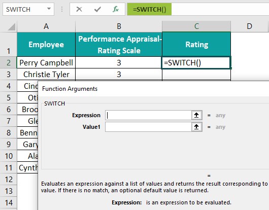 Switch excel function basic example - arguments