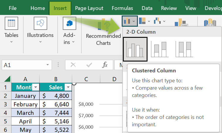 Dynamic Chart in Excel - Using Excel Table - Step 2