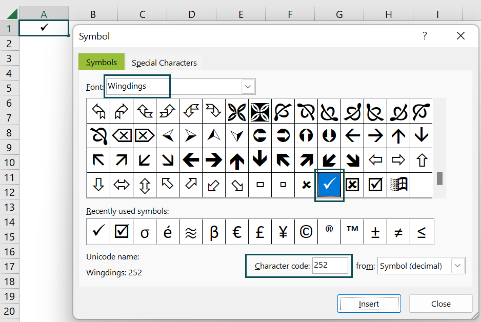 Check Mark in Excel - Using Character Code