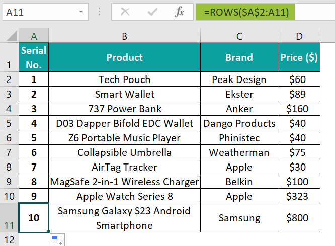Excel ROWS Function - Example 4 - Step 2