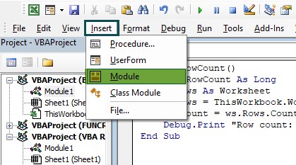 VBA Row Count - Example - Step 1 - Module