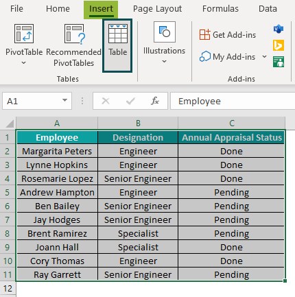Add Rows in Excel - Example 2 - Insert Table