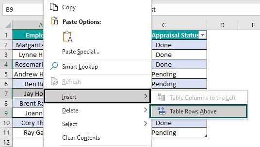 Example 2 - Table Rows Above - Insert
