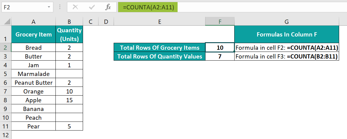 Count Rows in Excel Example - 2