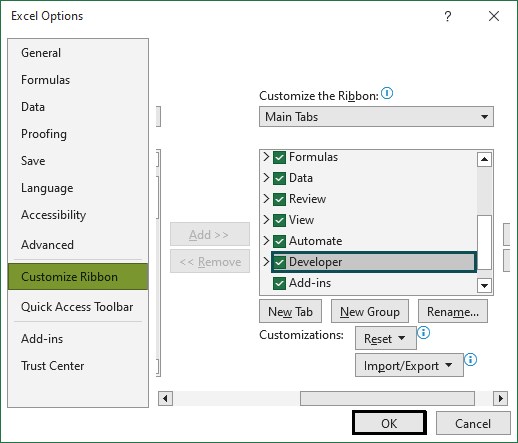 Customize Ribbon - Developer
