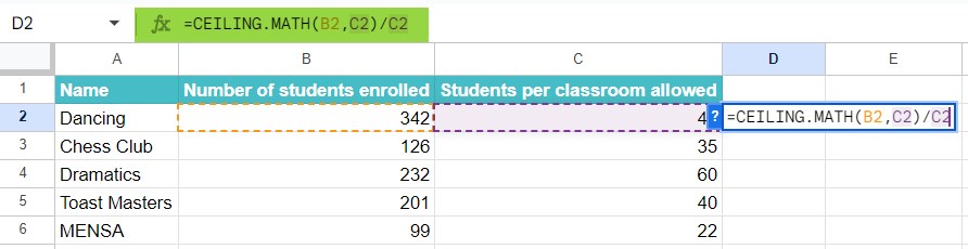Ceiling Math function in GS Example 2-1