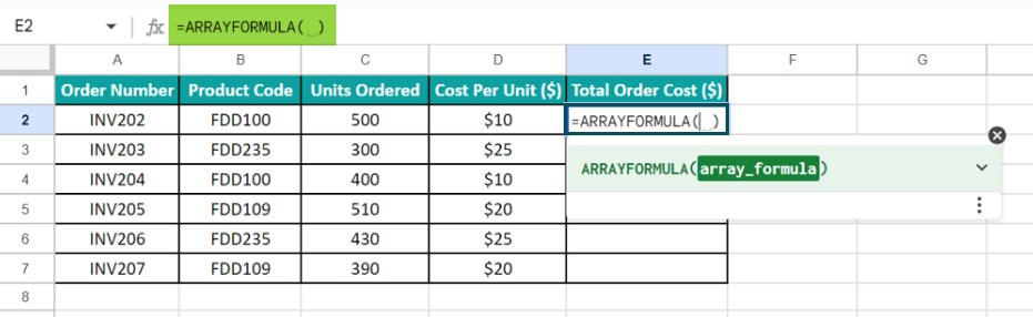 Array Formula In Google Sheets - Example 1 - Alternative - Function