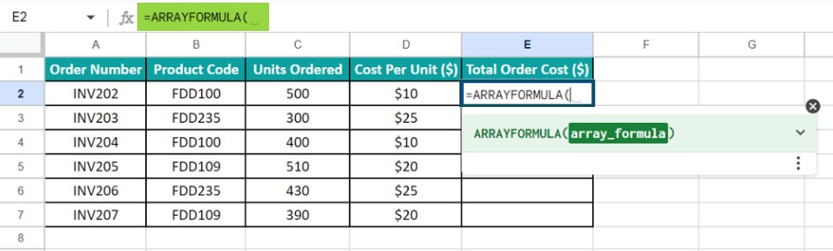 Array Formula In Google Sheets - Example 1 - Step 1