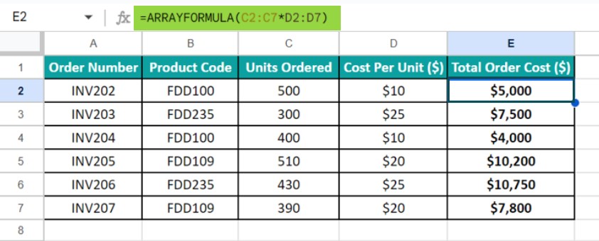 Array Formula In Google Sheets - Example 1 - Step 2 - Enter