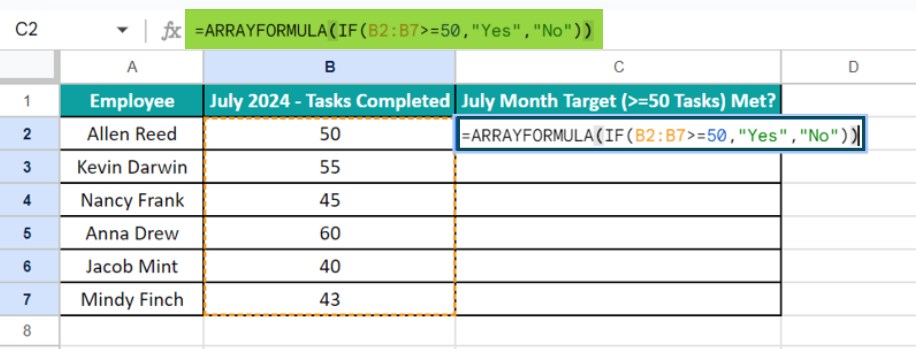 Array Formula In Google Sheets - Example 2 - Step 2 - bracket