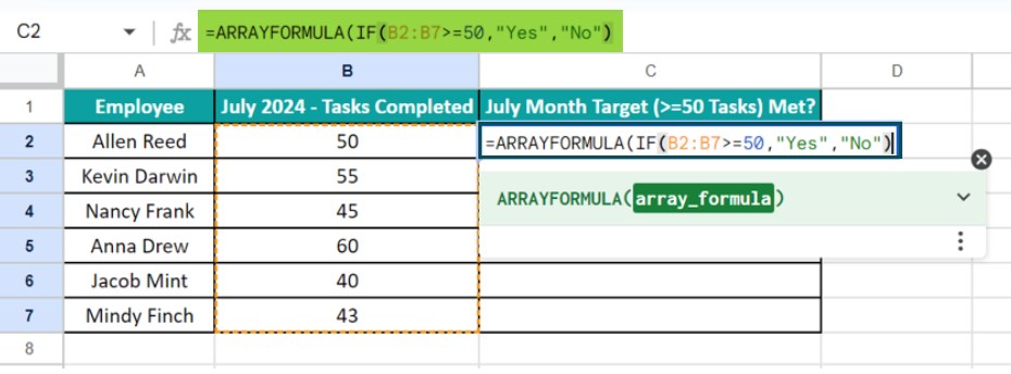 Array Formula In Google Sheets - Example 2 - Step 2