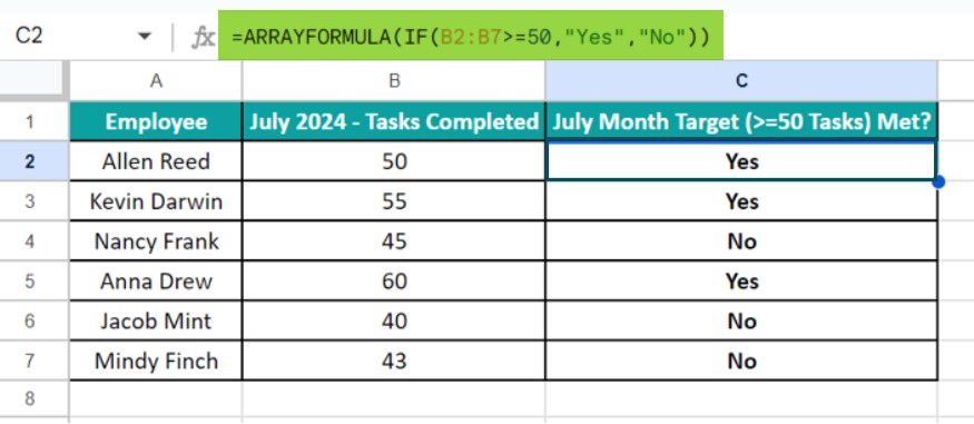Array Formula In Google Sheets - Example 2 - Step 3