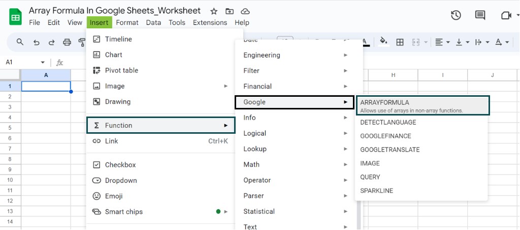 Array Formula In Google Sheets - Method 1