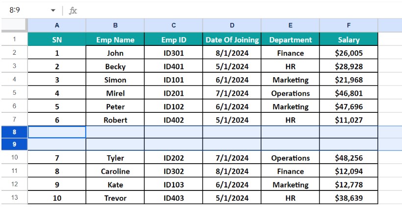 Insert Rows In Google Sheets - Example 1 - Step 2