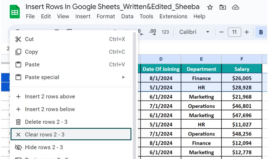 Insert Rows In Google Sheets - Example 3 - Step 2