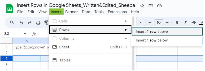 Insert Rows In Google Sheets - Method 2 - Step 2